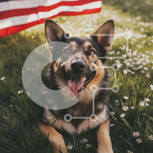 Intra Συλλεκτικό Ξύλινο Παζλ Plywood  4mm - Γερμανικός Ποιμενικός σκύλος που χαλαρώνει μπροστά από την αμερικανική σημαία Σε Ξύλινο Κουτί - Διαστάσεις: 10x10 cm – 25 κομμάτια