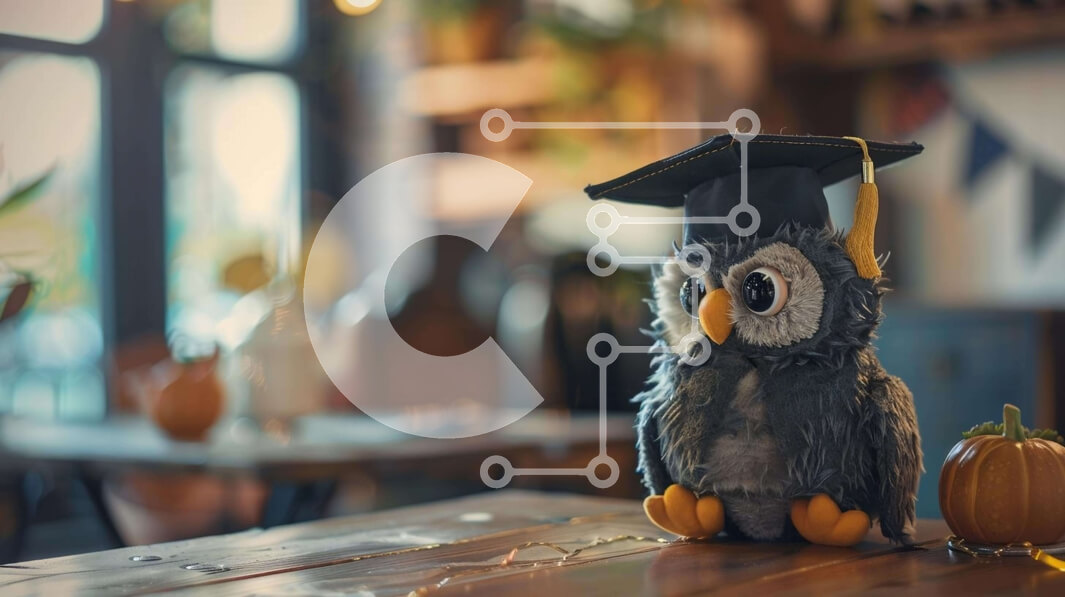 Intra Συλλεκτικό Ξύλινο Παζλ Plywood  4mm - Γεμιστή Κουκουβάγια με Καπάκι αποφοίτησης και κολοκύθες Σε Ξύλινο Κουτί - Διαστάσεις Puzzle: 10x10 cm – 25 κομμάτια