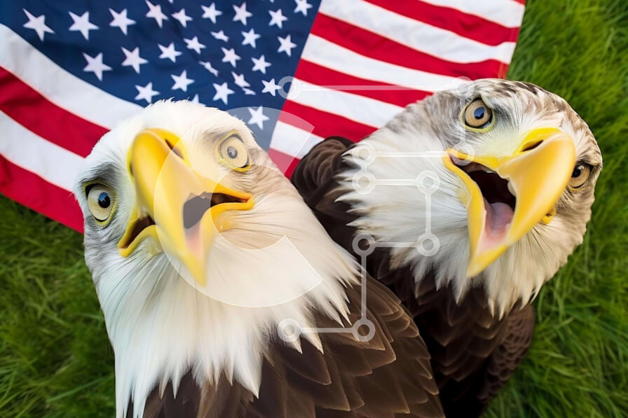 Σετ των 2 Intra Συλλεκτικό Ξύλινο Παζλ Plywood  4mm - Δύο φαλακροί αετοί μπροστά από την αμερικανική σημαία Σε Ξύλινο Κουτί - Διαστάσεις: 10x10 cm – 25 κομμάτια