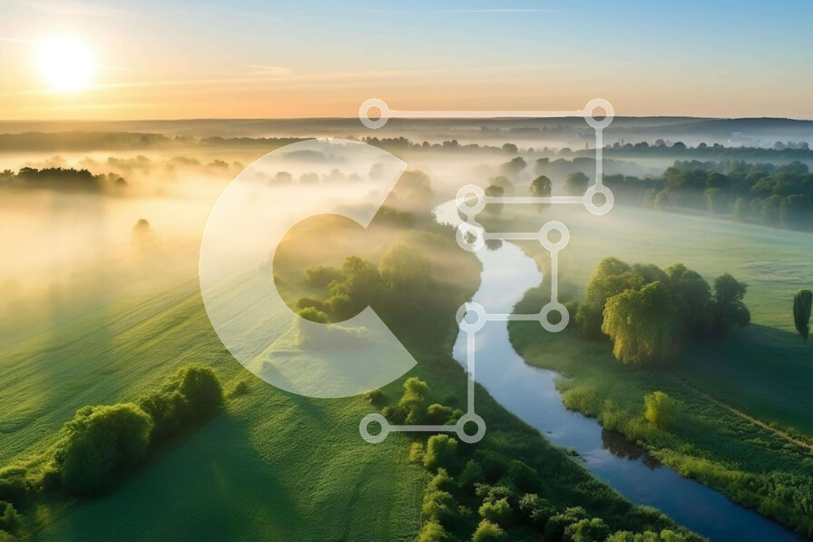 Intra Συλλεκτικό Ξύλινο Παζλ Plywood  4mm - Αεροφωτογραφία του Misty Green Field και του ποταμού Σε Ξύλινο Κουτί - Διαστάσεις: 10x10 cm – 25 κομμάτια