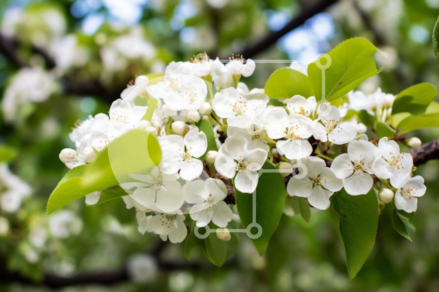 Intra Συλλεκτικό Ξύλινο Παζλ Plywood  4mm - Κλαδί δέντρου από κοντά με λευκά λουλούδια και πράσινα φύλλα Σε Ξύλινο Κουτί - Διαστάσεις: 10x10 cm – 25 κομμάτια