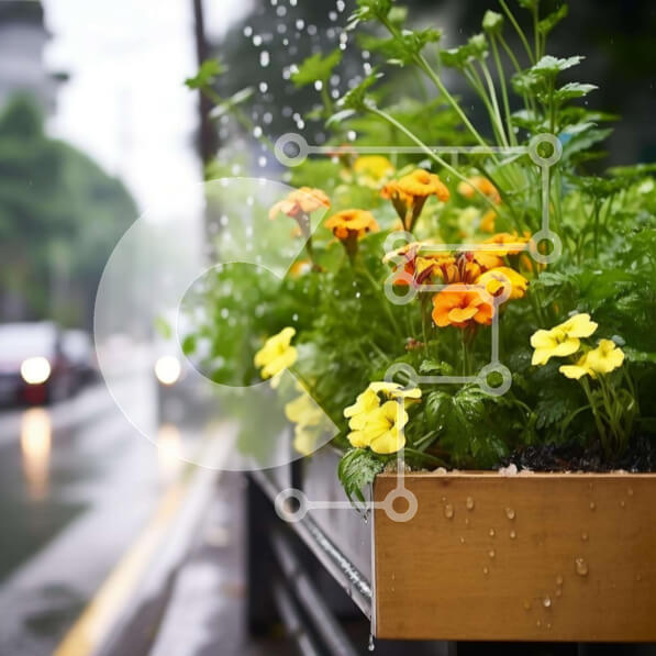 Intra Συλλεκτικό Ξύλινο Παζλ Plywood  4mm - Πολύχρωμα λουλούδια σε ξύλινη ζαρντινιέρα τη βροχερή ημέρα Σε Ξύλινο Κουτί - Διαστάσεις: 10x10 cm – 25 κομμάτια