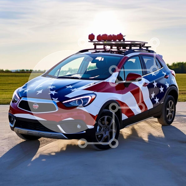 Intra Συλλεκτικό Ξύλινο Παζλ Plywood  4mm - Κόκκινο, λευκό και μπλε αυτοκίνητο με αμερικανική σημαία στη στέγη Σε Ξύλινο Κουτί - Διαστάσεις Puzzle: 10x10 cm – 25 κομμάτια