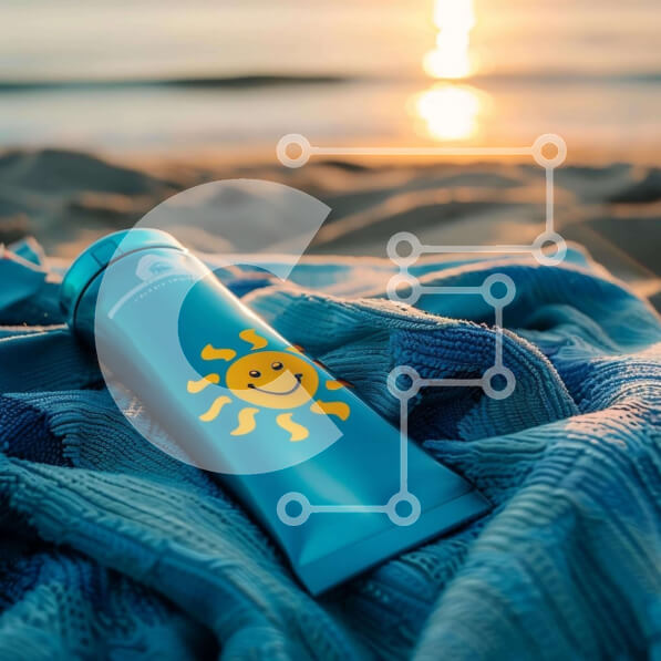 Intra Συλλεκτικό Ξύλινο Παζλ Plywood  4mm - Μπουκάλι αντηλιακού σε πορτοκαλί πετσέτα στην παραλία Σε Ξύλινο Κουτί - Διαστάσεις Puzzle: 10x10 cm – 25 κομμάτια