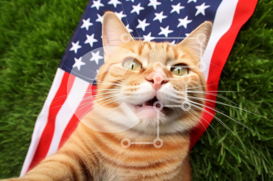 Σετ των 2 Intra Συλλεκτικό Ξύλινο Παζλ Plywood  4mm - Πορτοκαλί γάτα με αμερικανική σημαία Σε Ξύλινο Κουτί - Διαστάσεις: 10x10 cm – 25 κομμάτια