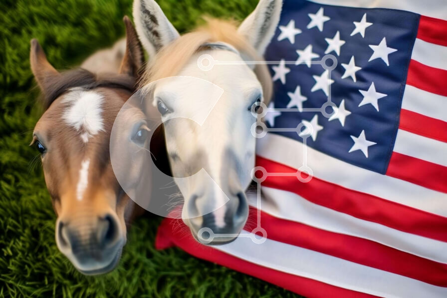 Σετ των 2 Intra Συλλεκτικό Ξύλινο Παζλ Plywood  4mm - Δύο μικρά άλογα στην αμερικανική σημαία Σε Ξύλινο Κουτί - Διαστάσεις: 10x10 cm – 25 κομμάτια