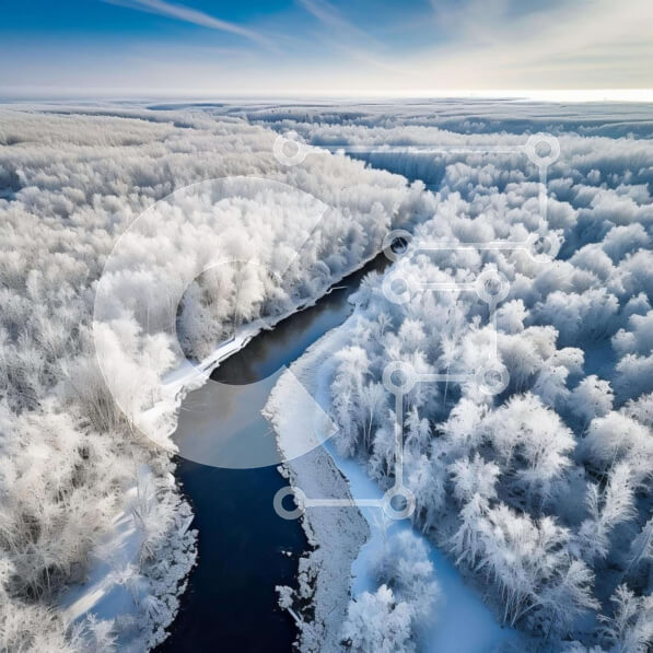 Intra Συλλεκτικό Ξύλινο Παζλ Plywood  4mm - Εναέρια άποψη του χιονισμένου ποταμού και του δάσους Σε Ξύλινο Κουτί - Διαστάσεις: 10x10 cm – 25 κομμάτια