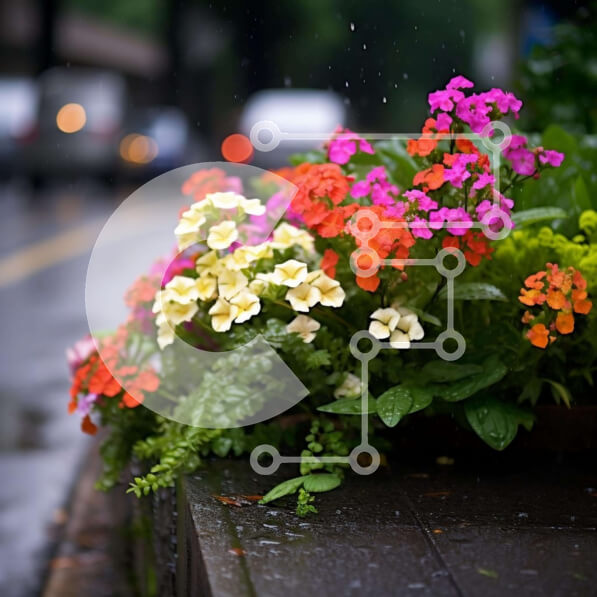 Intra Συλλεκτικό Ξύλινο Παζλ Plywood  4mm - Πολύχρωμα λουλούδια στη βροχή σε ένα αστικό πεζοδρόμιο Σε Ξύλινο Κουτί - Διαστάσεις: 10x10 cm – 25 κομμάτια