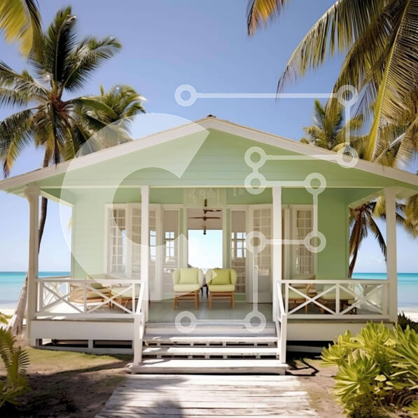 Intra Συλλεκτικό Ξύλινο Παζλ Plywood  4mm - Πράσινο σπίτι στην παραλία με τους φοίνικες Σε Ξύλινο Κουτί - Διαστάσεις: 10x10 cm – 25 κομμάτια