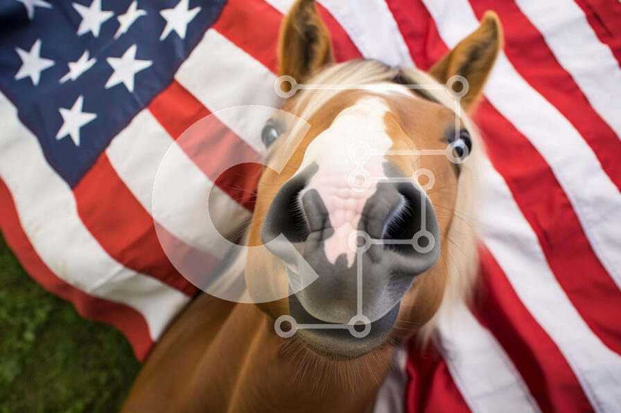 Σετ των 2 Intra Συλλεκτικό Ξύλινο Παζλ Plywood  4mm - Καφέ άλογο με μύτη στην αμερικανική σημαία Σε Ξύλινο Κουτί - Διαστάσεις: 10x10 cm – 25 κομμάτια