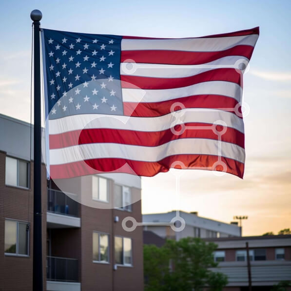 Intra Συλλεκτικό Ξύλινο Παζλ Plywood  4mm - Αμερικανική σημαία κοντά σε πολυκατοικία Σε Ξύλινο Κουτί - Διαστάσεις Puzzle: 10x10 cm – 25 κομμάτια