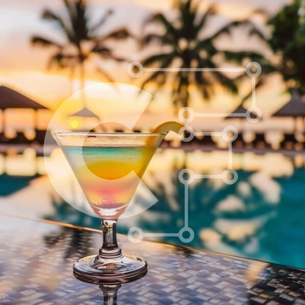 Intra Συλλεκτικό Ξύλινο Παζλ Plywood  4mm - Σκηνή κοκτέιλ ηλιοβασιλέματος σε υπαίθριο τραπέζι μπιλιάρδου με φοίνικες Σε Ξύλινο Κουτί - Διαστάσεις Puzzle: 10x10 cm – 25 κομμάτια