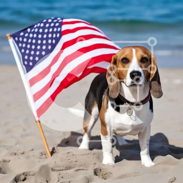 Intra Συλλεκτικό Ξύλινο Παζλ Plywood  4mm - Πατριωτικό σκυλί λαγωνικό με αμερικανική σημαία στην παραλία Σε Ξύλινο Κουτί - Διαστάσεις: 10x10 cm – 25 κομμάτια