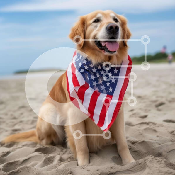 Intra Συλλεκτικό Ξύλινο Παζλ Plywood  4mm - Σκύλος Γκόλντεν Ριτρίβερ με Μπαντάνα με αμερικανική σημαία στην παραλία Σε Ξύλινο Κουτί - Διαστάσεις: 10x10 cm – 25 κομμάτια