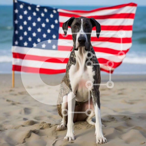 Intra Συλλεκτικό Ξύλινο Παζλ Plywood  4mm - Μεγάλο σκυλί που κάθεται στην παραλία με την αμερικανική σημαία Σε Ξύλινο Κουτί - Διαστάσεις: 10x10 cm – 25 κομμάτια