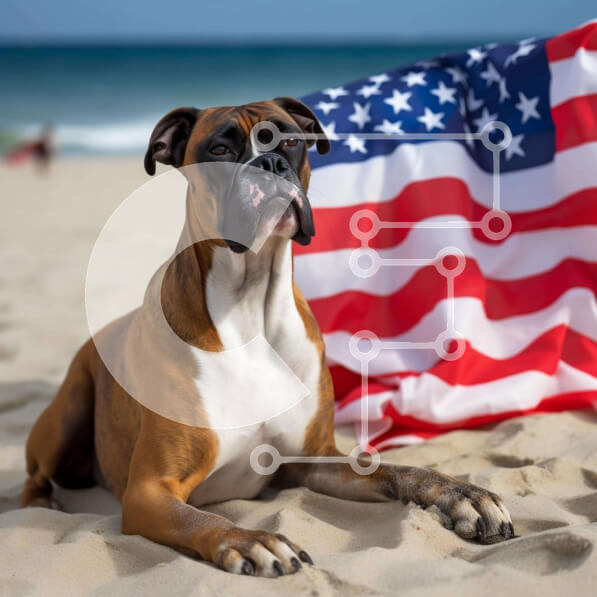 Intra Συλλεκτικό Ξύλινο Παζλ Plywood  4mm - Σκύλος μπόξερ στην παραλία με αμερικανική σημαία Σε Ξύλινο Κουτί - Διαστάσεις Puzzle: 10x10 cm – 25 κομμάτια