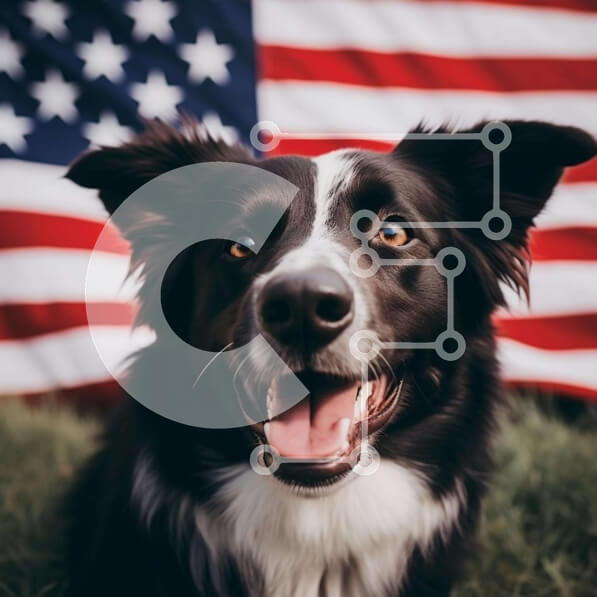 Intra Συλλεκτικό Ξύλινο Παζλ Plywood  4mm - Ευτυχισμένος ασπρόμαυρος σκύλος που κάθεται μπροστά από την αμερικανική σημαία Σε Ξύλινο Κουτί - Διαστάσεις: 10x10 cm – 25 κομμάτια
