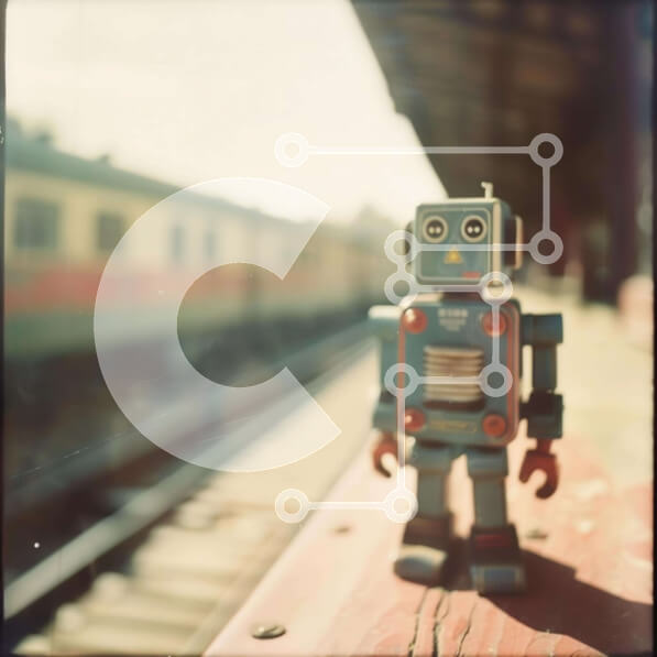 Intra Συλλεκτικό Ξύλινο Παζλ Plywood  4mm - Ρομπότ παιχνιδιού σε υπαίθριο κιγκλίδωμα σιδηροδρομικού σταθμού Σε Ξύλινο Κουτί - Διαστάσεις: 10x10 cm – 25 κομμάτια