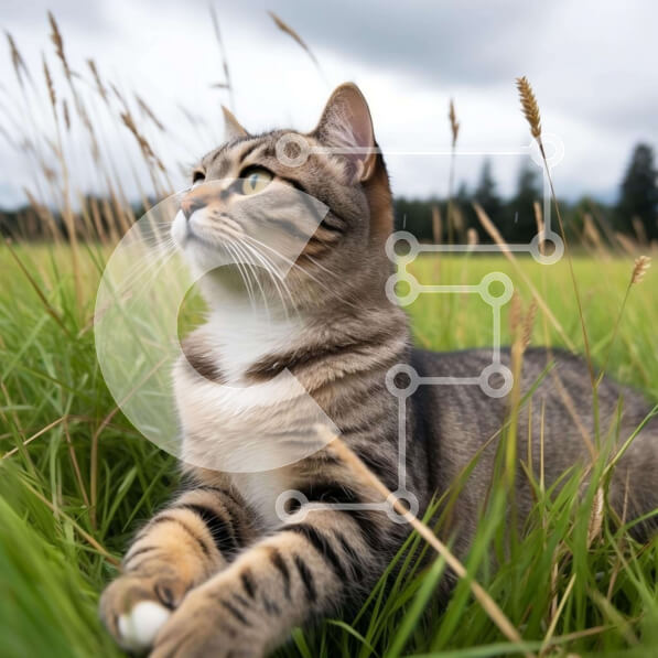 Intra Συλλεκτικό Ξύλινο Παζλ Plywood  4mm - Περίεργη γάτα στο ψηλό γρασίδι που κοιτάζει ψηλά στον ουρανό Σε Ξύλινο Κουτί - Διαστάσεις: 10x10 cm – 25 κομμάτια