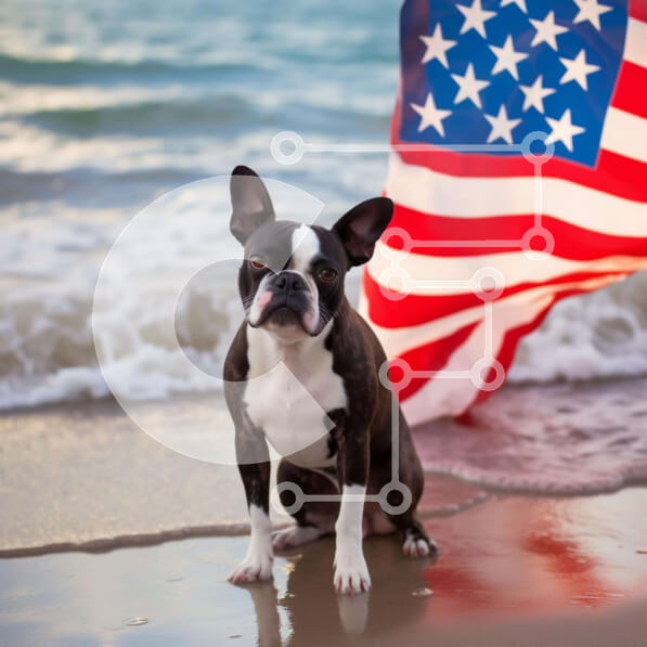 Intra Συλλεκτικό Ξύλινο Παζλ Plywood  4mm - Μαύρο και άσπρο σκυλί στη σκηνή της παραλίας με αμερικανική σημαία Σε Ξύλινο Κουτί - Διαστάσεις Puzzle: 10x10 cm – 25 κομμάτια