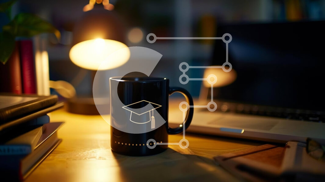 Intra Συλλεκτικό Ξύλινο Παζλ Plywood  4mm - Μαύρη κούπα καφέ αποφοίτησης σε βιβλιοθήκη με φορητό υπολογιστή και βιβλία Σε Ξύλινο Κουτί - Διαστάσεις Puzzle: 10x10 cm – 25 κομμάτια