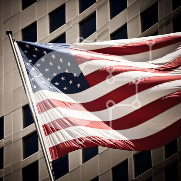 Intra Συλλεκτικό Ξύλινο Παζλ Plywood  4mm - Αμερικανική σημαία μπροστά από το κτίριο γραφείων Σε Ξύλινο Κουτί - Διαστάσεις Puzzle: 10x10 cm – 25 κομμάτια