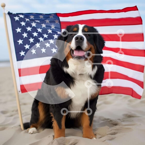 Intra Συλλεκτικό Ξύλινο Παζλ Plywood  4mm - Ευτυχισμένος σκύλος στην παραλία με αμερικανική σημαία Σε Ξύλινο Κουτί - Διαστάσεις Puzzle: 10x10 cm – 25 κομμάτια