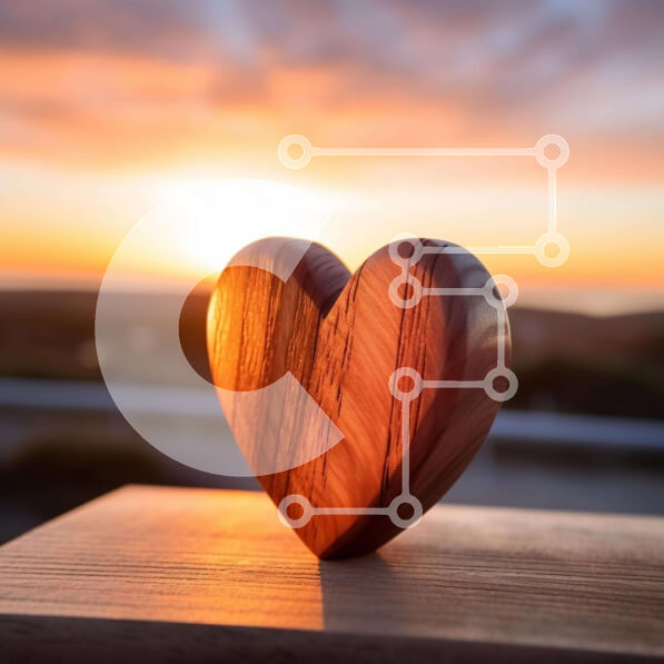 Intra Συλλεκτικό Ξύλινο Παζλ Plywood  4mm - Ξύλινο αντικείμενο σε σχήμα καρδιάς στο τραπέζι εξωτερικού χώρου στο ηλιοβασίλεμα Σε Ξύλινο Κουτί - Διαστάσεις Puzzle: 10x10 cm – 25 κομμάτια