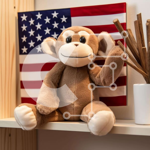 Intra Συλλεκτικό Ξύλινο Παζλ Plywood  4mm - Ιδιότροπος γεμιστός πίθηκος στο ράφι με αμερικανική σημαία Σε Ξύλινο Κουτί - Διαστάσεις: 10x10 cm – 25 κομμάτια