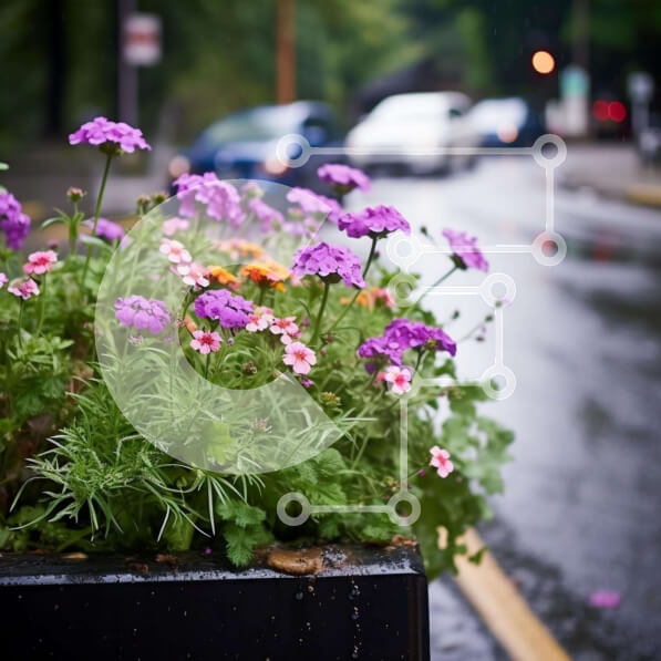 Intra Συλλεκτικό Ξύλινο Παζλ Plywood  4mm - Μωβ λουλούδια σε μαύρο φυτευτή μετά την καταιγίδα Σε Ξύλινο Κουτί - Διαστάσεις: 10x10 cm – 25 κομμάτια