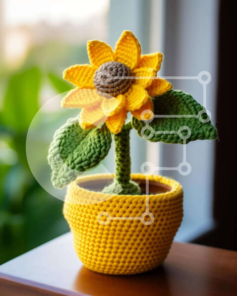 Intra Συλλεκτικό Ξύλινο Παζλ Plywood  4mm - Κίτρινο κροσέ ηλιοτρόπιο στο περβάζι παραθύρου Σε Ξύλινο Κουτί - Διαστάσεις: 10x10 cm – 25 κομμάτια