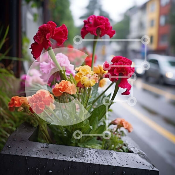 Intra Συλλεκτικό Ξύλινο Παζλ Plywood  4mm - Πολύχρωμα λουλούδια στη βροχή με μαύρο φυτευτή Σε Ξύλινο Κουτί - Διαστάσεις: 10x10 cm – 25 κομμάτια