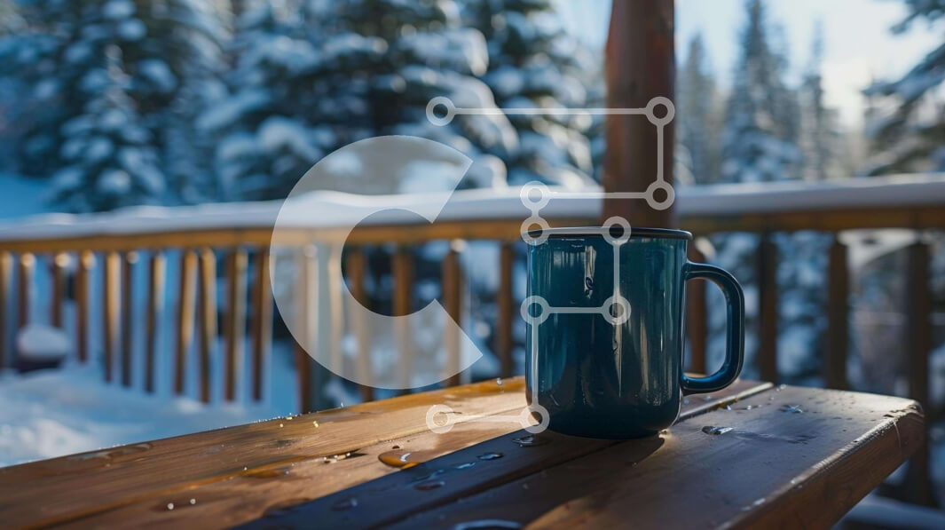 Intra Συλλεκτικό Ξύλινο Παζλ Plywood  4mm - Μπλε φλιτζάνι καφέ σε χιονισμένο ξύλινο τραπέζι Σε Ξύλινο Κουτί - Διαστάσεις: 10x10 cm – 25 κομμάτια