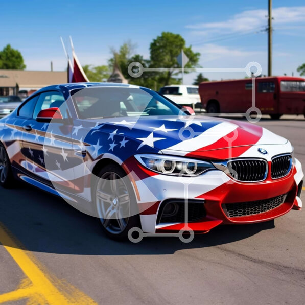 Intra Συλλεκτικό Ξύλινο Παζλ Plywood  4mm - Κόκκινο, λευκό και μπλε αυτοκίνητο με αμερικανική σημαία για τις 4 Ιουλίου Σε Ξύλινο Κουτί - Διαστάσεις Puzzle: 10x10 cm – 25 κομμάτια