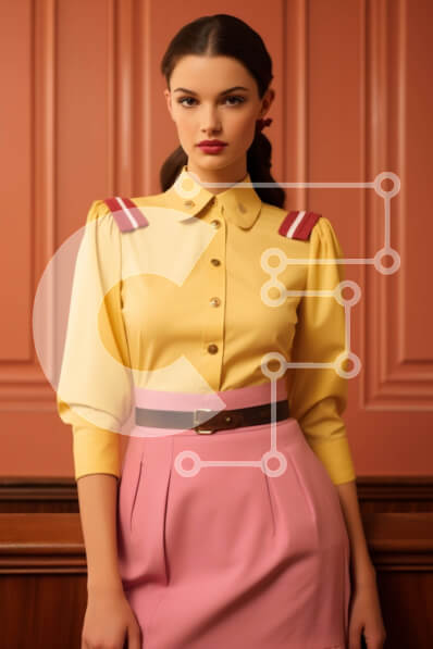 Intra Συλλεκτικό Ξύλινο Παζλ Plywood  4mm - Γυναίκα με κίτρινο πουκάμισο και ροζ φούστα ποζάρει για κάμερα Σε Ξύλινο Κουτί - Διαστάσεις Puzzle: 10x10 cm – 25 κομμάτια