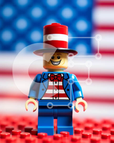 Intra Συλλεκτικό Ξύλινο Παζλ Plywood  4mm - Φιγούρα Lego που γιορτάζει με αμερικανική σημαία Σε Ξύλινο Κουτί - Διαστάσεις Puzzle: 10x10 cm – 25 κομμάτια