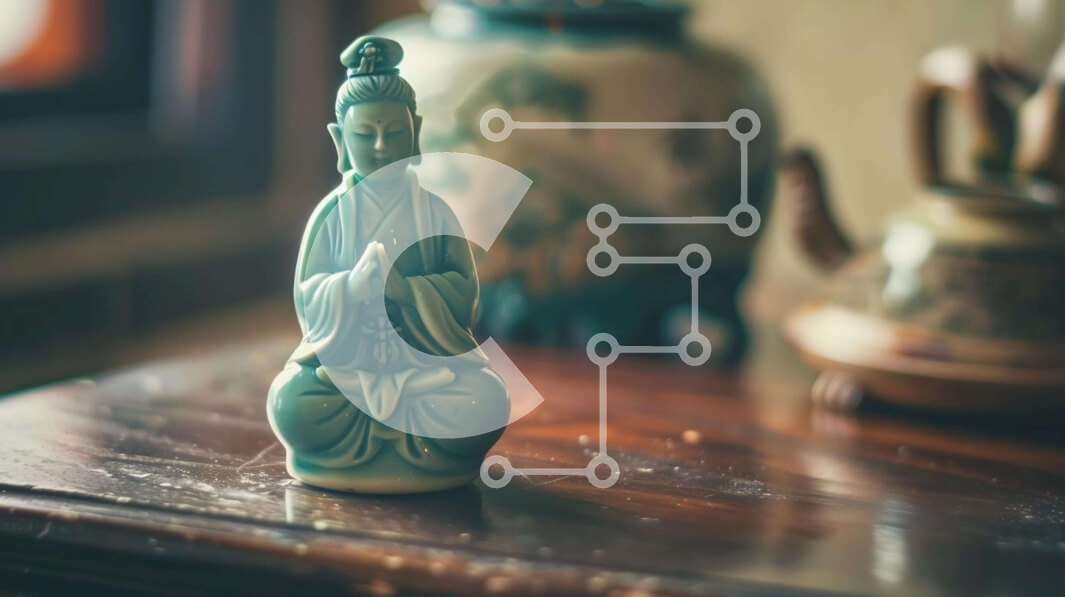 Intra Συλλεκτικό Ξύλινο Παζλ Plywood  4mm - Μικρό μπλε άγαλμα του Βούδα σε ξύλινο τραπέζι με τσαγιέρες Σε Ξύλινο Κουτί - Διαστάσεις Puzzle: 10x10 cm – 25 κομμάτια