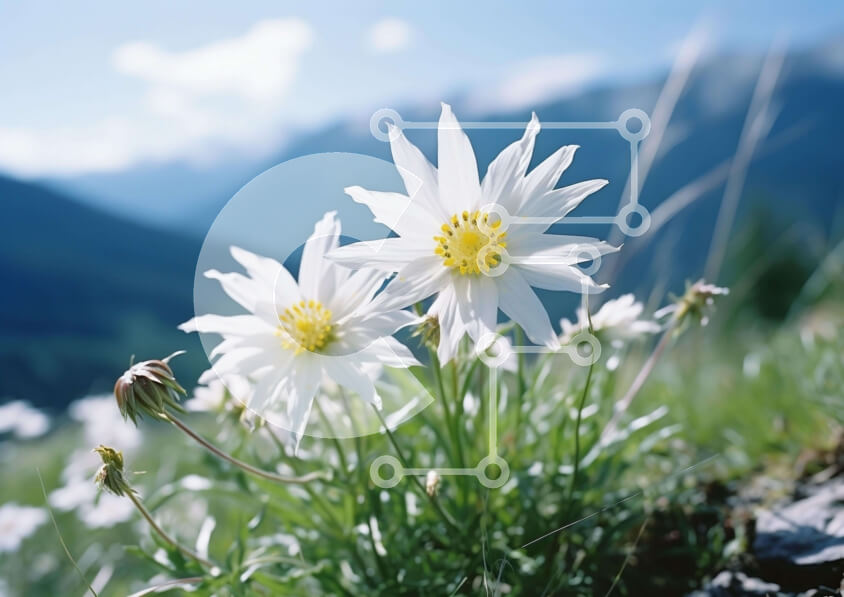 Intra Συλλεκτικό Ξύλινο Παζλ Plywood  4mm - Δύο λευκές μαργαρίτες σε ένα χορταριασμένο χωράφι με βουνά Σε Ξύλινο Κουτί - Διαστάσεις: 10x10 cm – 25 κομμάτια