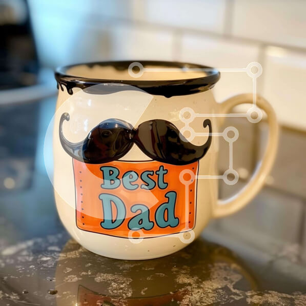 Intra Συλλεκτικό Ξύλινο Παζλ Plywood  4mm - Κεραμική κούπα καφέ με μουστάκι και «καλύτερος μπαμπάς» στον πορτοκαλί πάγκο Σε Ξύλινο Κουτί - Διαστάσεις Puzzle: 10x10 cm – 25 κομμάτια