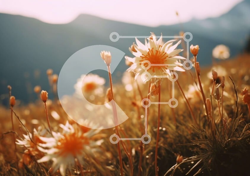 Intra Συλλεκτικό Ξύλινο Παζλ Plywood  4mm - Πεδίο με λευκά και κίτρινα λουλούδια με βουνά Σε Ξύλινο Κουτί - Διαστάσεις: 10x10 cm – 25 κομμάτια