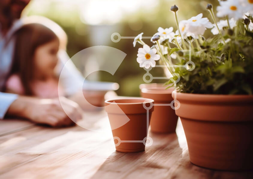 Intra Συλλεκτικό Ξύλινο Παζλ Plywood  4mm - Ζευγάρι και παιδί σε υπαίθριο τραπέζι με λουλούδια σε γλάστρες Σε Ξύλινο Κουτί - Διαστάσεις Puzzle: 10x10 cm – 25 κομμάτια