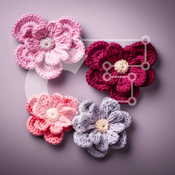 Intra Συλλεκτικό Ξύλινο Παζλ Plywood  4mm - Τέσσερα κροσέ λουλούδια σε μωβ φόντο Σε Ξύλινο Κουτί - Διαστάσεις Puzzle: 10x10 cm – 25 κομμάτια