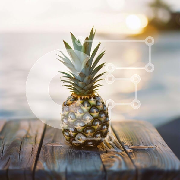 Σετ των 2 Intra Συλλεκτικό Ξύλινο Παζλ Plywood  4mm - Φρέσκος ανανάς σε ξύλινο τραπέζι με θέα στον ωκεανό Σε Ξύλινο Κουτί - Διαστάσεις: 10x10 cm – 25 κομμάτια