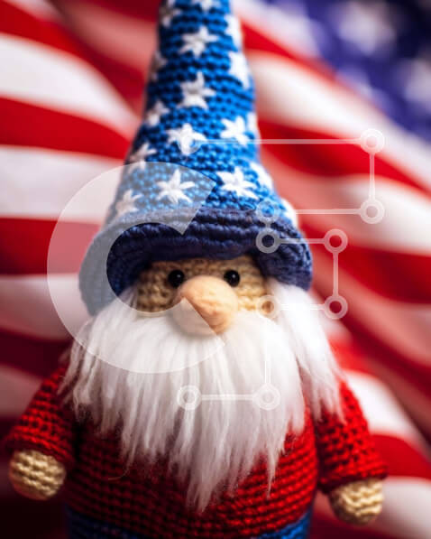 Intra Συλλεκτικό Ξύλινο Παζλ Plywood  4mm - Κροσέ gnome με αμερικανική σημαία Σε Ξύλινο Κουτί - Διαστάσεις Puzzle: 10x10 cm – 25 κομμάτια