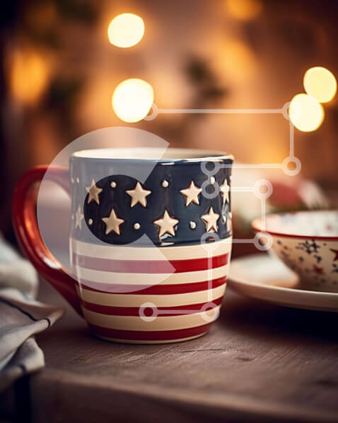 Intra Συλλεκτικό Ξύλινο Παζλ Plywood  4mm - Κούπα καφέ αμερικανικής σημαίας σε πιάτα με φώτα Σε Ξύλινο Κουτί - Διαστάσεις Puzzle: 10x10 cm – 25 κομμάτια