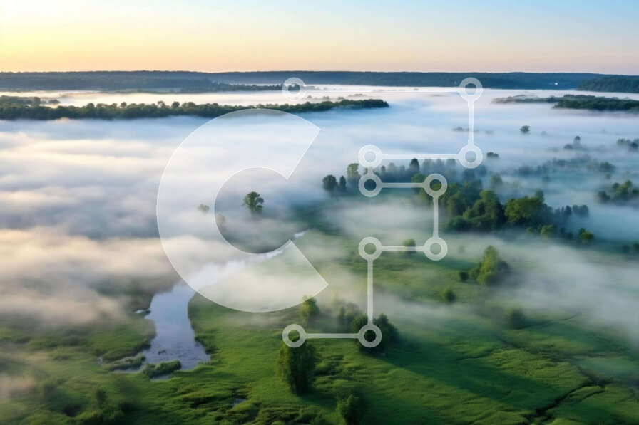 Intra Συλλεκτικό Ξύλινο Παζλ Plywood  4mm - Εναέρια άποψη του καλυμμένου με ομίχλη δάσους και του ποταμού Σε Ξύλινο Κουτί - Διαστάσεις: 10x10 cm – 25 κομμάτια