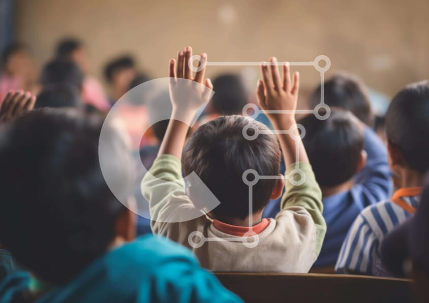 Intra Συλλεκτικό Ξύλινο Παζλ Plywood  4mm - Παιδιά που σηκώνουν τα χέρια σε εκπαιδευτικό περιβάλλον Σε Ξύλινο Κουτί - Διαστάσεις Puzzle: 10x10 cm – 25 κομμάτια