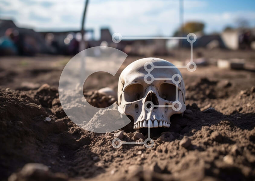 Intra Συλλεκτικό Ξύλινο Παζλ Plywood  4mm - Κρανίο στο έδαφος με ανθρώπους κοντά Σε Ξύλινο Κουτί - Διαστάσεις Puzzle: 10x10 cm – 25 κομμάτια