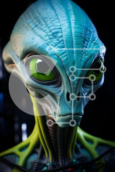 Intra Συλλεκτικό Ξύλινο Παζλ Plywood  4mm - Κοντινό πλάνο του κεφαλιού εξωγήινων με μεγάλα πράσινα μάτια Σε Ξύλινο Κουτί - Διαστάσεις Puzzle: 10x10 cm – 25 κομμάτια