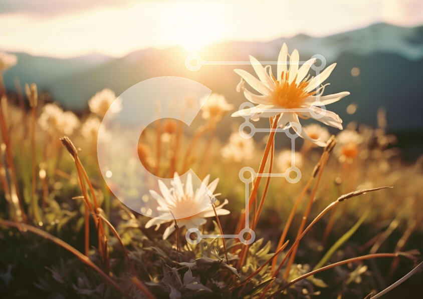 Intra Συλλεκτικό Ξύλινο Παζλ Plywood  4mm - Λευκά λουλούδια σε ένα χορταριασμένο λιβάδι στο ηλιοβασίλεμα Σε Ξύλινο Κουτί - Διαστάσεις: 10x10 cm – 25 κομμάτια